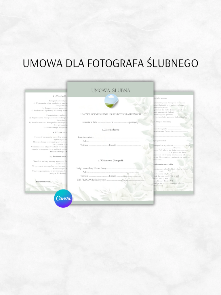 Umowa dla fotografa, umowa ślubna ,szablon umowy z klientem - Katarzyna Grabowska; umowa