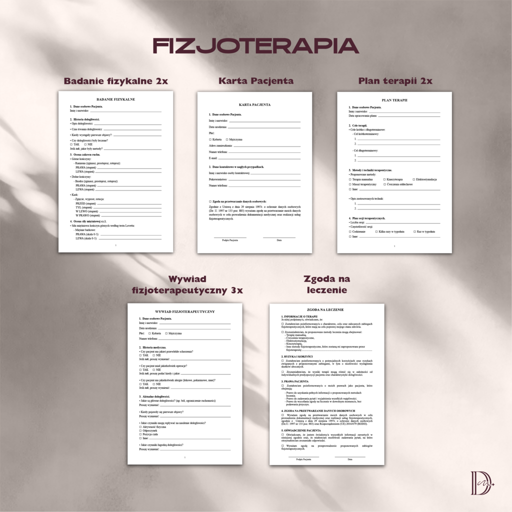 FIZJOTERAPIA dokumenty PAKIET - Anna Miakienko; dokumenty zabiegowe