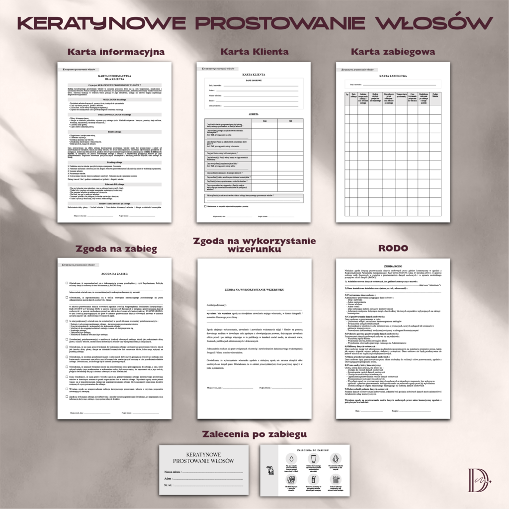 KERATYNOWE PROSTOWANIE WŁOSÓW dokumenty zabiegowe PAKIET - Anna Miakienko; dokumenty zabiegowe