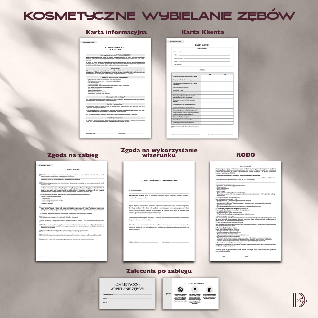 KOSMETYCZNE WYBIELANIE ZĘBÓW dokumenty zabiegowe PAKIET - Anna Miakienko; dokumenty zabiegowe