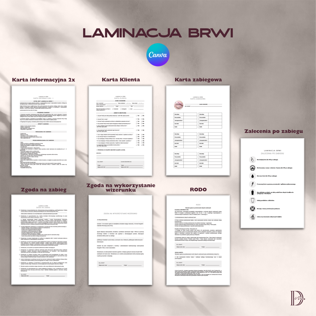 LAMINACJA BRWI CANVA (edycja) dokumenty zabiegowe PAKIET - Anna Miakienko; dokumenty zabiegowe