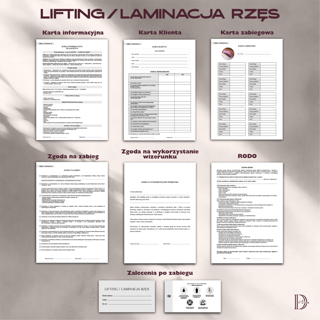 LIFTING / LAMINACJA RZĘS dokumenty zabiegowe PAKIET - Anna Miakienko; dokumenty zabiegowe