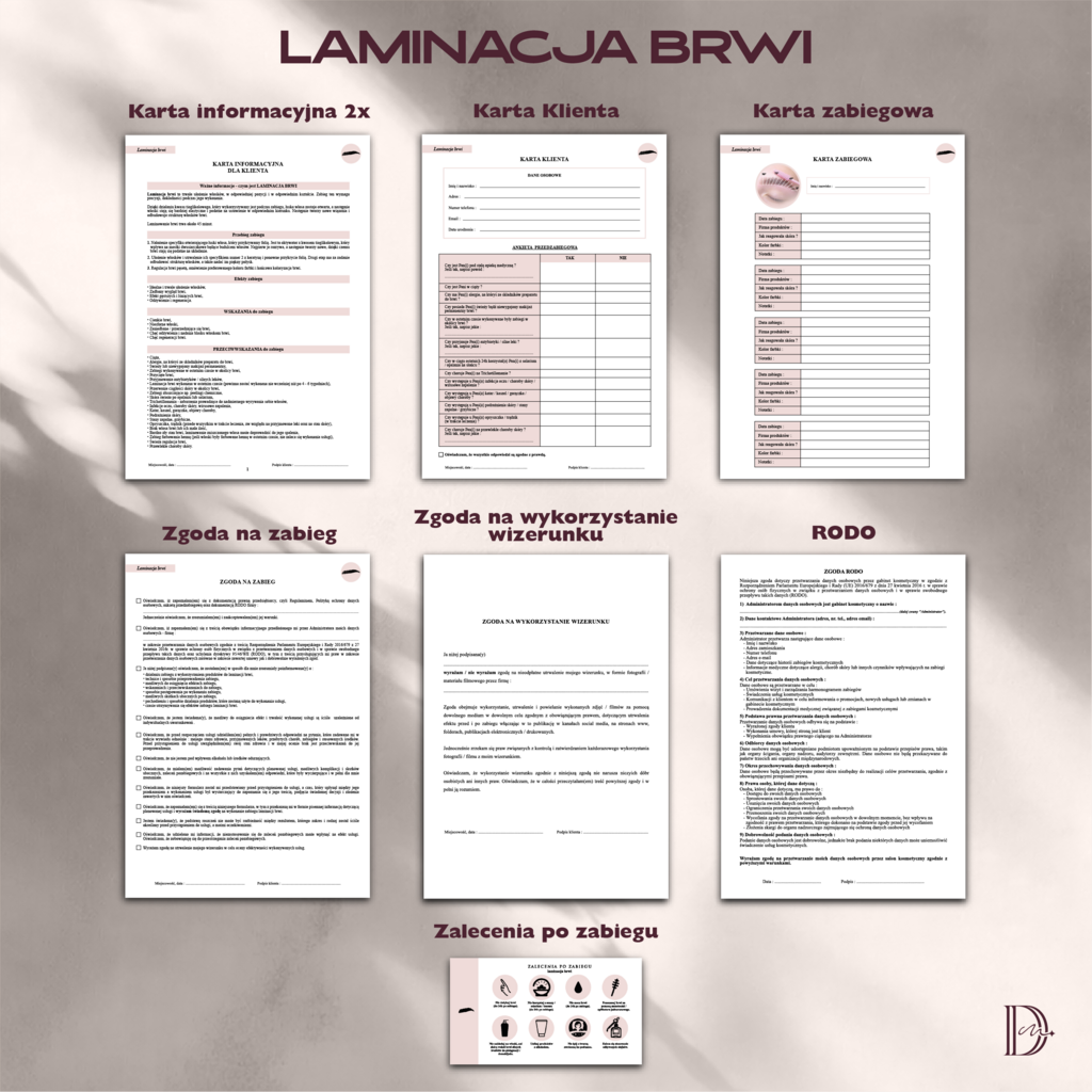 LAMINACJA BRWI dokumenty zabiegowe PAKIET - Anna Miakienko; dokumenty zabiegowe