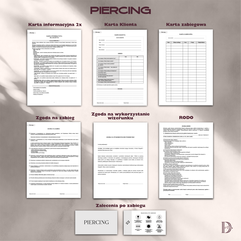PIERCING dokumenty zabiegowe PAKIET - Anna Miakienko; dokumenty zabiegowe