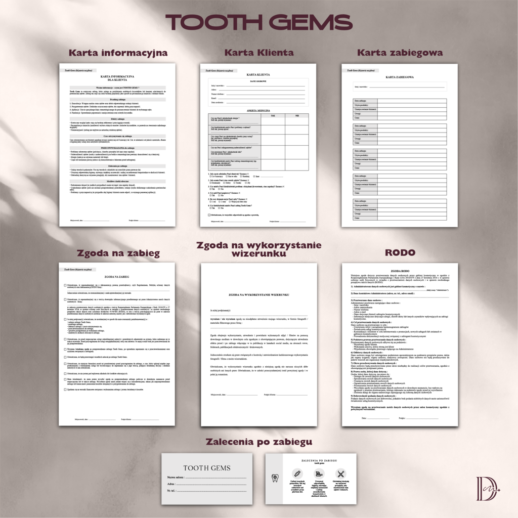 TOOTH GEMS dokumenty zabiegowe PAKIET - Anna Miakienko; dokumenty zabiegowe