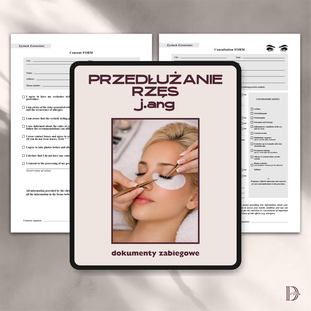 Przedłużanie rzęs j.ang dokumenty zabiegowe PAKIET - Anna Miakienko; dokumenty zabiegowe