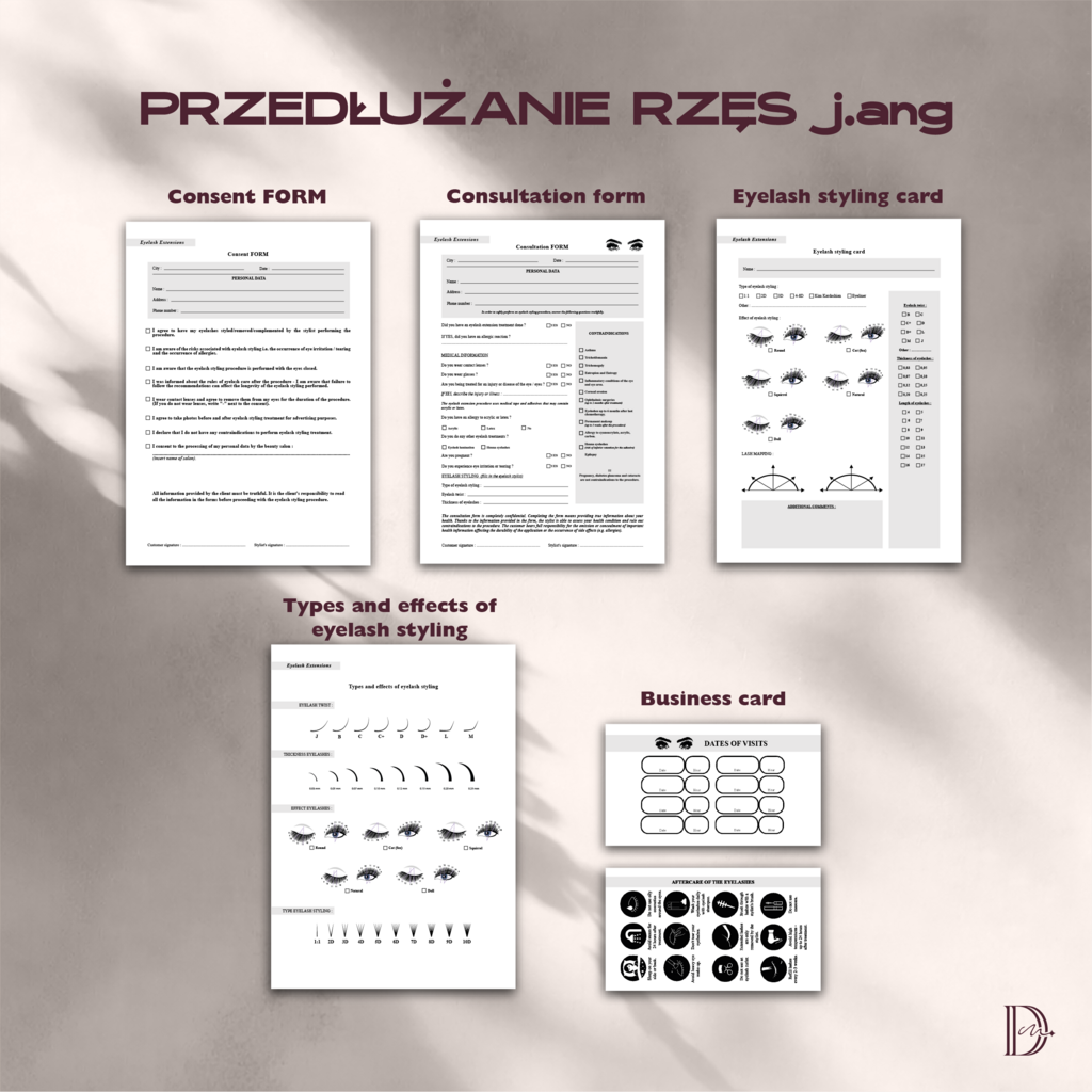 Przedłużanie rzęs j.ang dokumenty zabiegowe PAKIET - Anna Miakienko; dokumenty zabiegowe