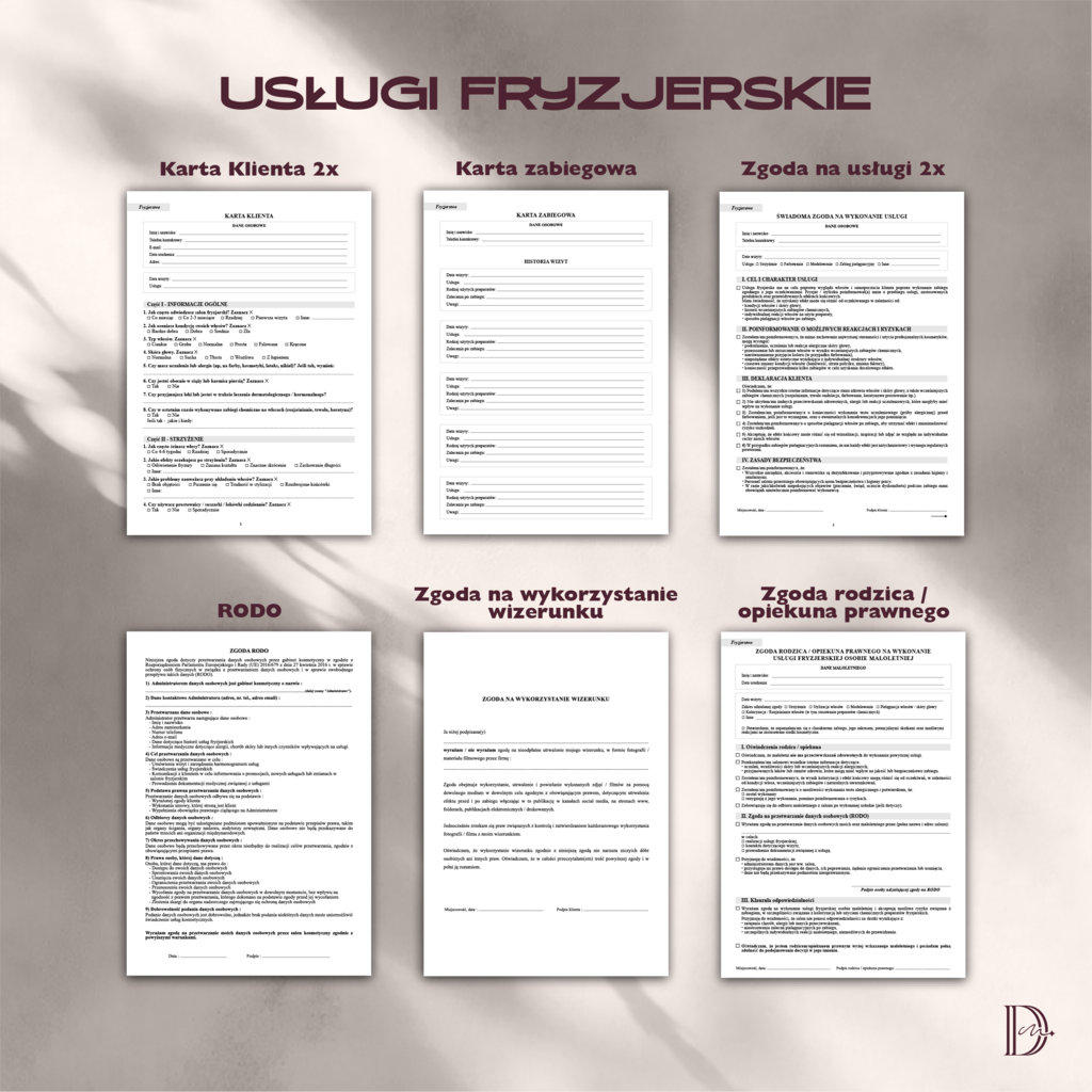 Salon FRYZJERSKI pakiet dokumentacji - Anna Miakienko; dokumenty zabiegowe