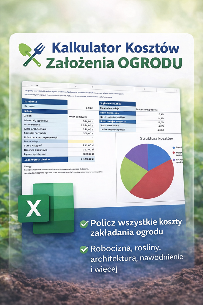 Kalkulator Kosztów Założenia Ogrodu w Excelu – Ogród Bez Zaskoczeń - @gotowedodruku; kalkulator