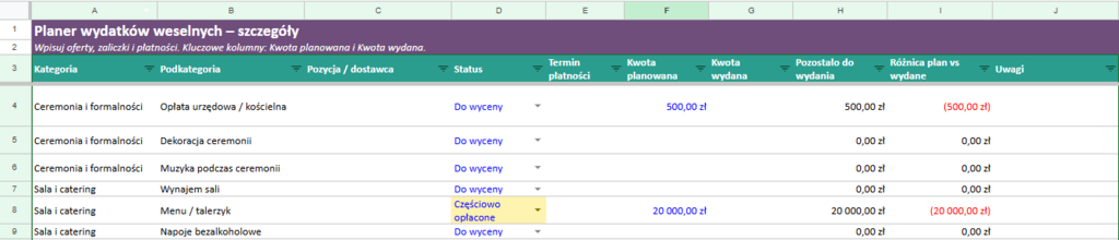 Planner Budżetu Weselnego - @gotowedodruku; planer