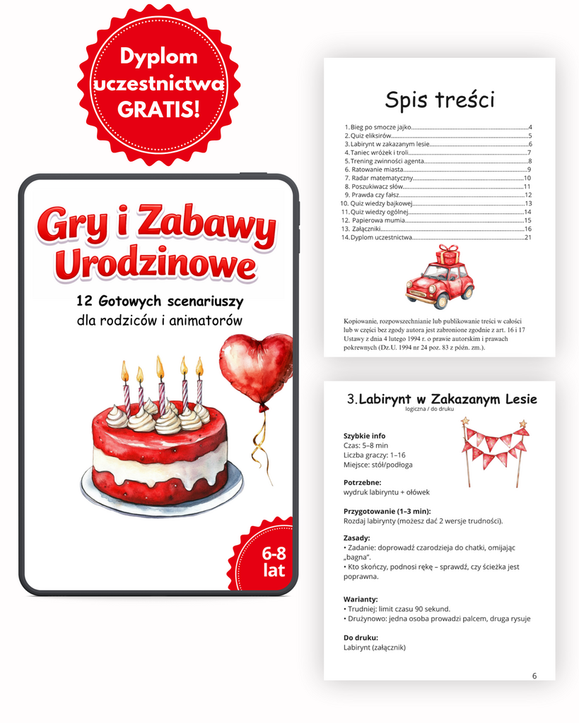 Gry i zabawy urodzinowe dla dzieci w wieku 6-8 lat - Gotowe scenariusze gier i zabaw dla rodziców i animatorów - @gotowedodruku; gra