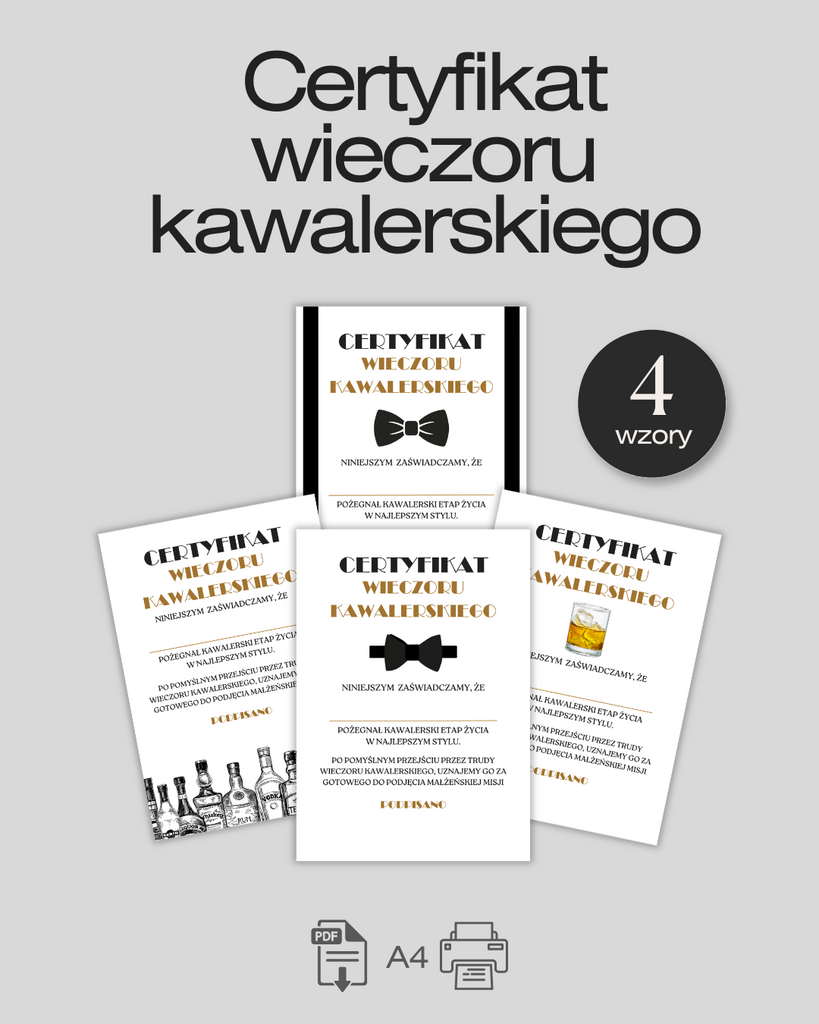 Certyfikat na Wieczór Kawalerski – PDF do druku - @fajnedodruku; ceryfikat