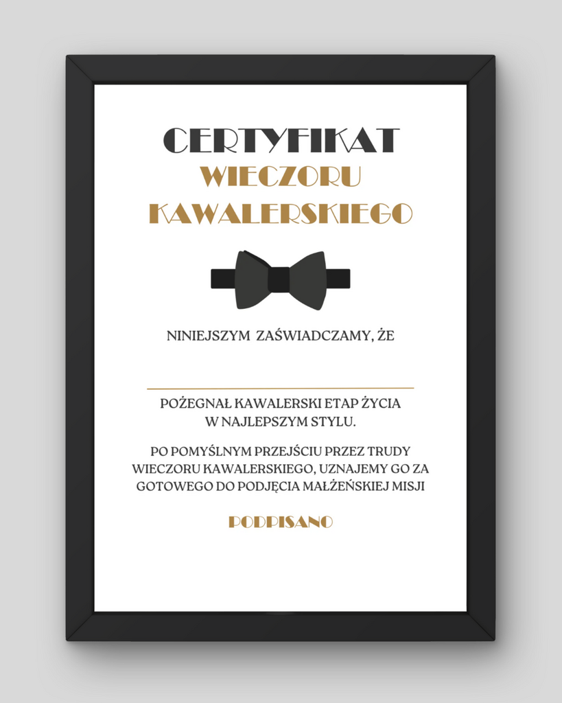 Certyfikat na Wieczór Kawalerski – PDF do druku - @fajnedodruku; ceryfikat