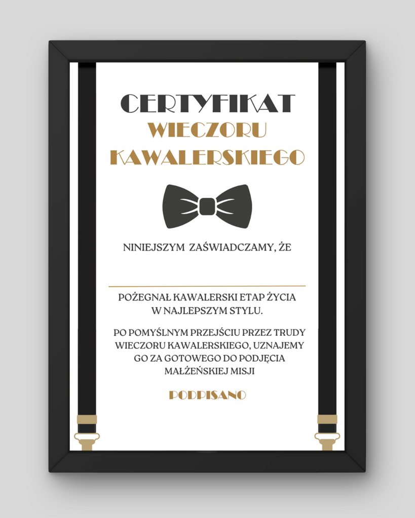 Certyfikat na Wieczór Kawalerski – PDF do druku - @fajnedodruku; ceryfikat