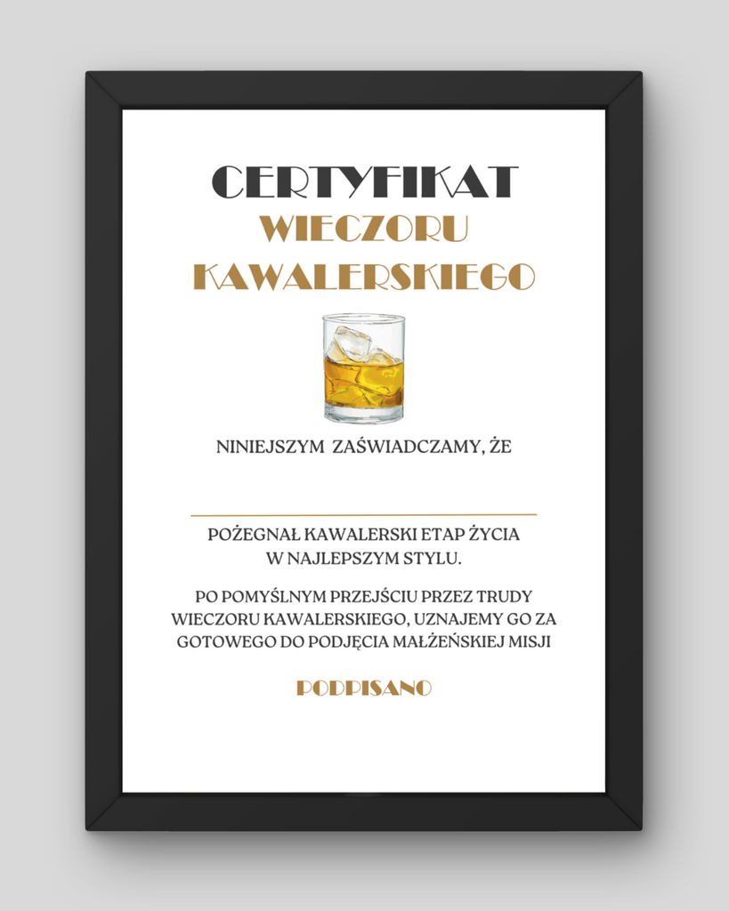 Certyfikat na Wieczór Kawalerski – PDF do druku - @fajnedodruku; ceryfikat