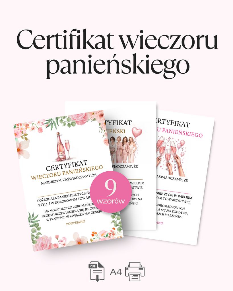 Certyfikat Wieczoru Panieńskiego - PDF DO DRUKU - @fajnedodruku; certyfikat