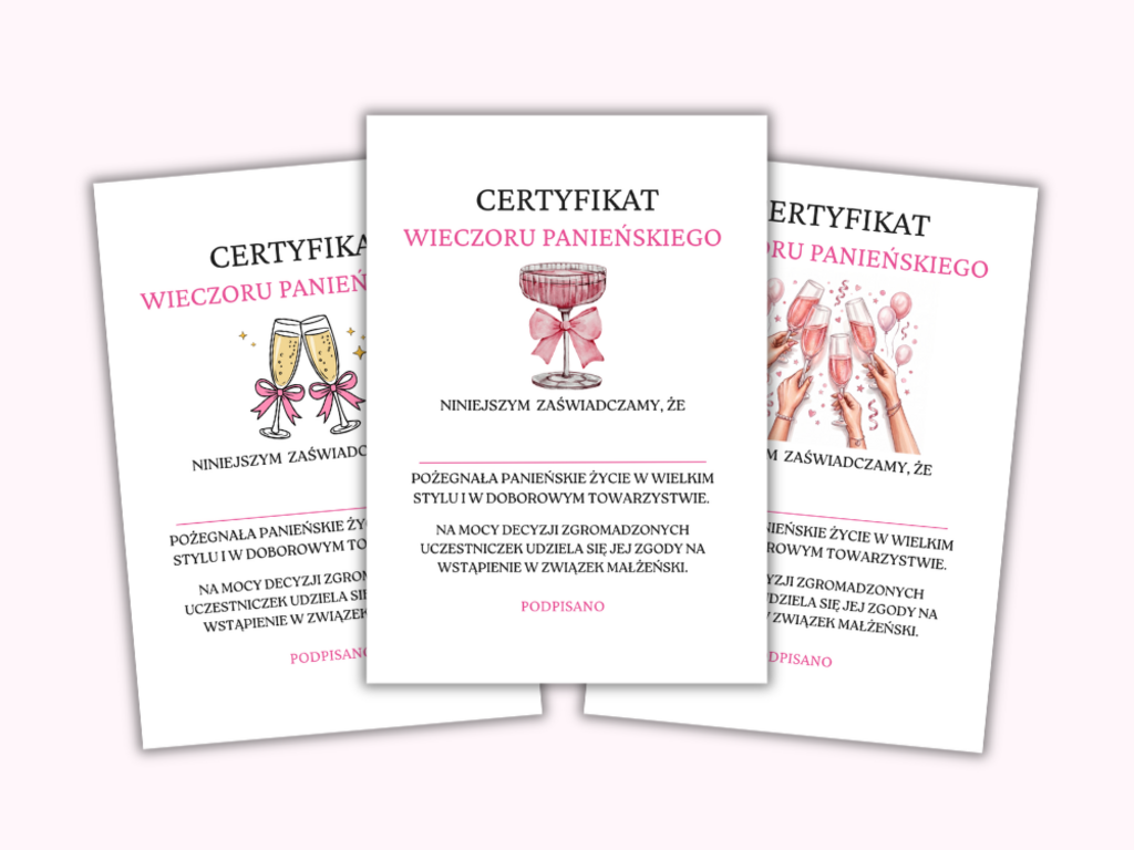 Certyfikat Wieczoru Panieńskiego - PDF DO DRUKU - @fajnedodruku; certyfikat