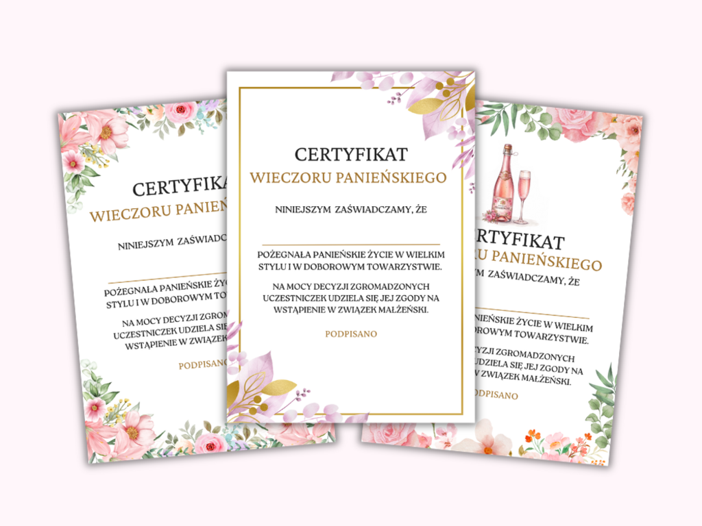 Certyfikat Wieczoru Panieńskiego - PDF DO DRUKU - @fajnedodruku; certyfikat