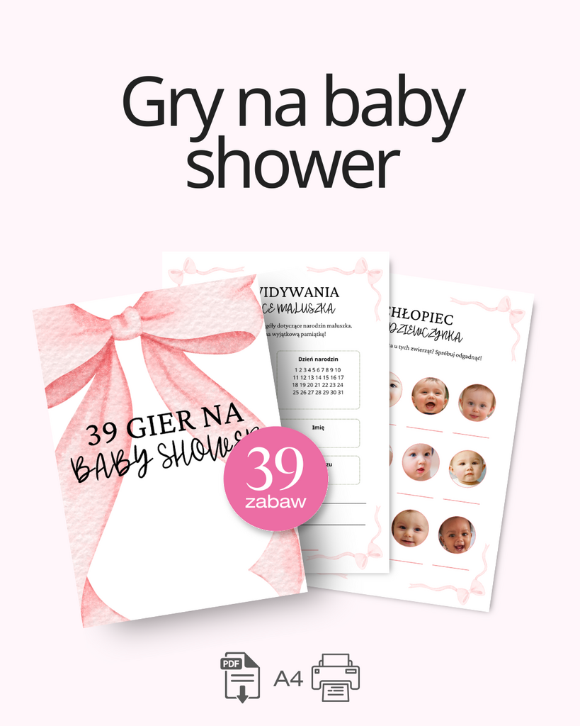 ZABAWY NA BABY SHOWER PINK - 39 GIER PDF DO WYDRUKU - @fajnedodruku; gra