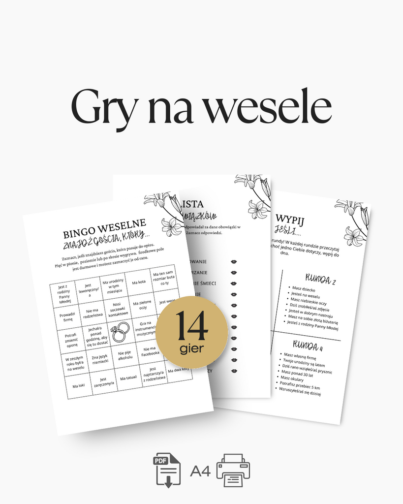 Gry weselne – pakiet 14 zabaw weselnych | Bingo weselne, quiz weselny i test wiedzy o Młodej Parze - @fajnedodruku; gra