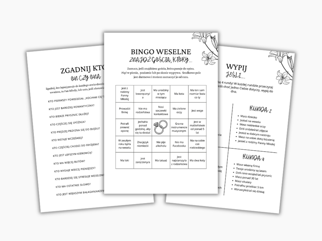 Gry weselne – pakiet 14 zabaw weselnych | Bingo weselne, quiz weselny i test wiedzy o Młodej Parze - @fajnedodruku; gra