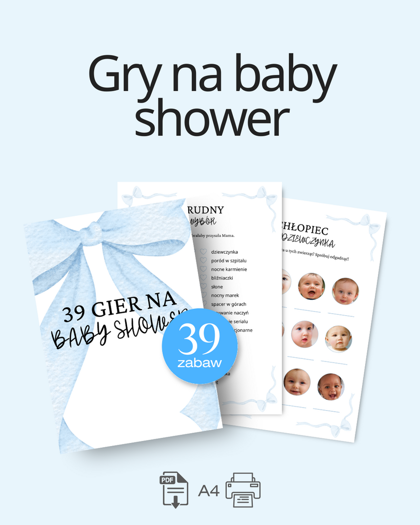 ZABAWY NA BABY SHOWER BLUE - 39 GIER PDF DO WYDRUKU - @fajnedodruku; gra