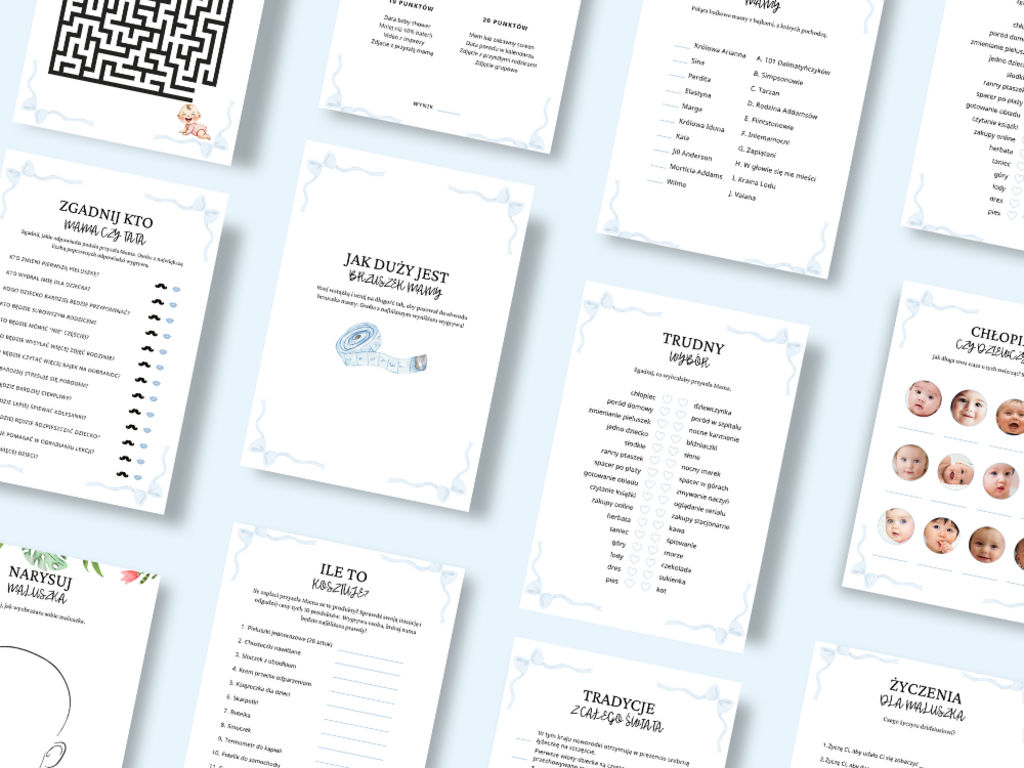 ZABAWY NA BABY SHOWER BLUE - 39 GIER PDF DO WYDRUKU - @fajnedodruku; gra