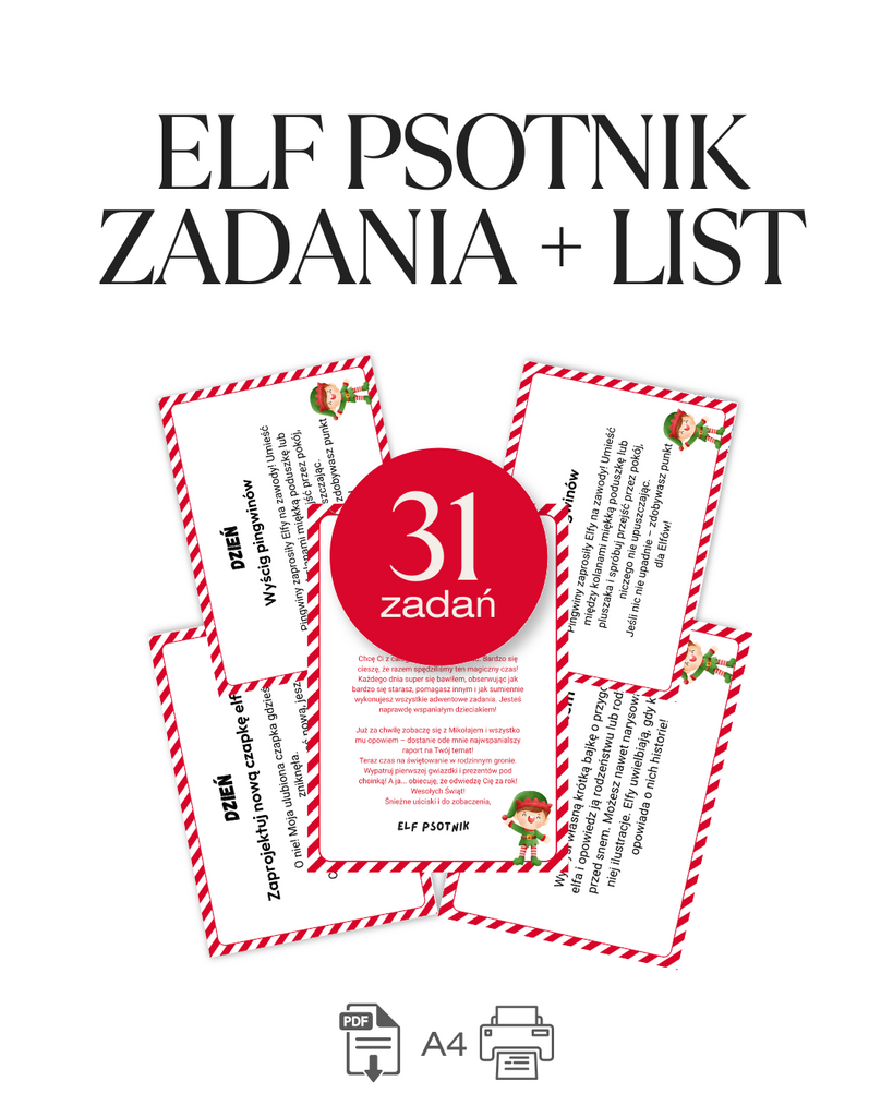 ELF PSOTNIK ZADANIA (31 KART) + LIST – PRODUKT CYFROWY PDF DO DRUKU - @fajnedodruku; karty pracy