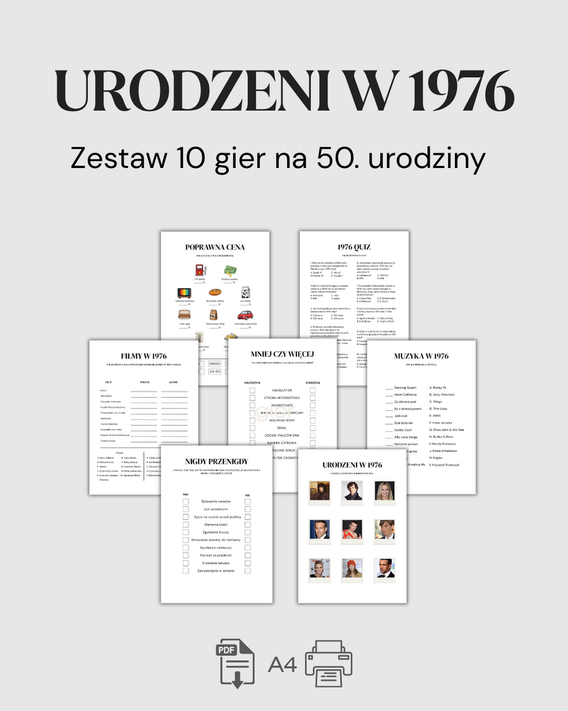 Zestaw gier na 50. urodziny – quiz urodzinowy 1976 - @fajnedodruku; gra