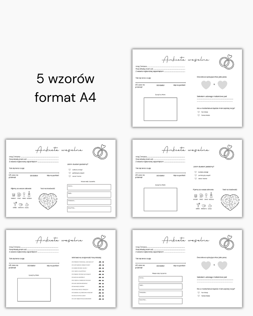 Ankiety weselne ślubne dla gości weselnych – 5 wzorów PDF - @fajnedodruku; ankiety