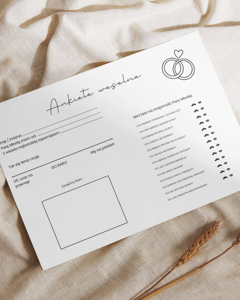 Ankiety weselne ślubne dla gości weselnych – 5 wzorów PDF - @fajnedodruku; ankiety
