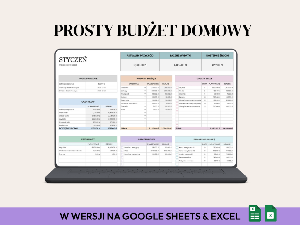 Prosty planer budżetu domowego Excel i Google Sheets - @fajnedodruku; planer