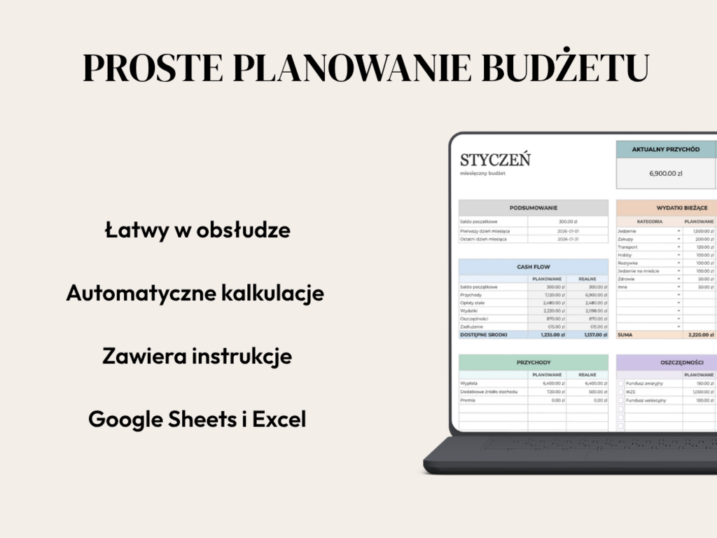 Prosty planer budżetu domowego Excel i Google Sheets - @fajnedodruku; planer