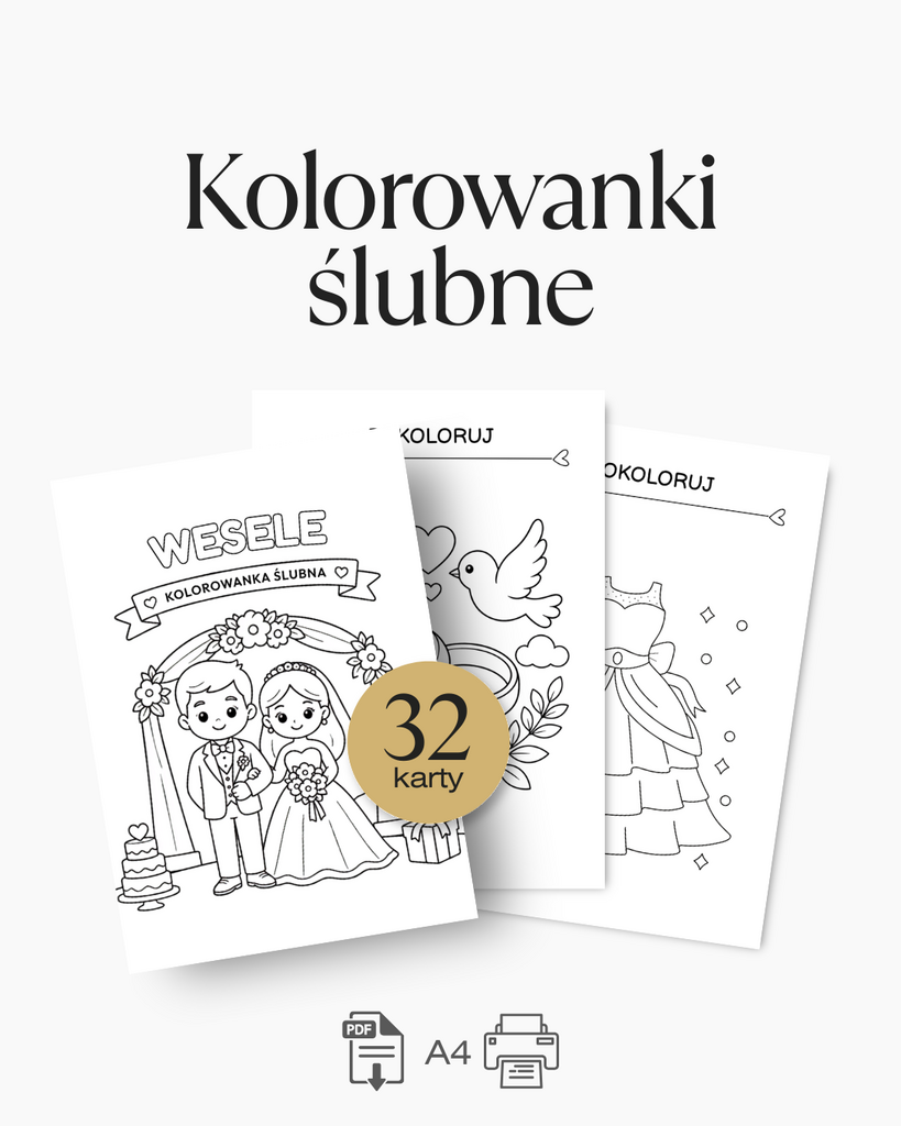 Kolorowanki ślubne dla dzieci – zestaw weselny PDF do druku - @fajnedodruku; kolorowanki